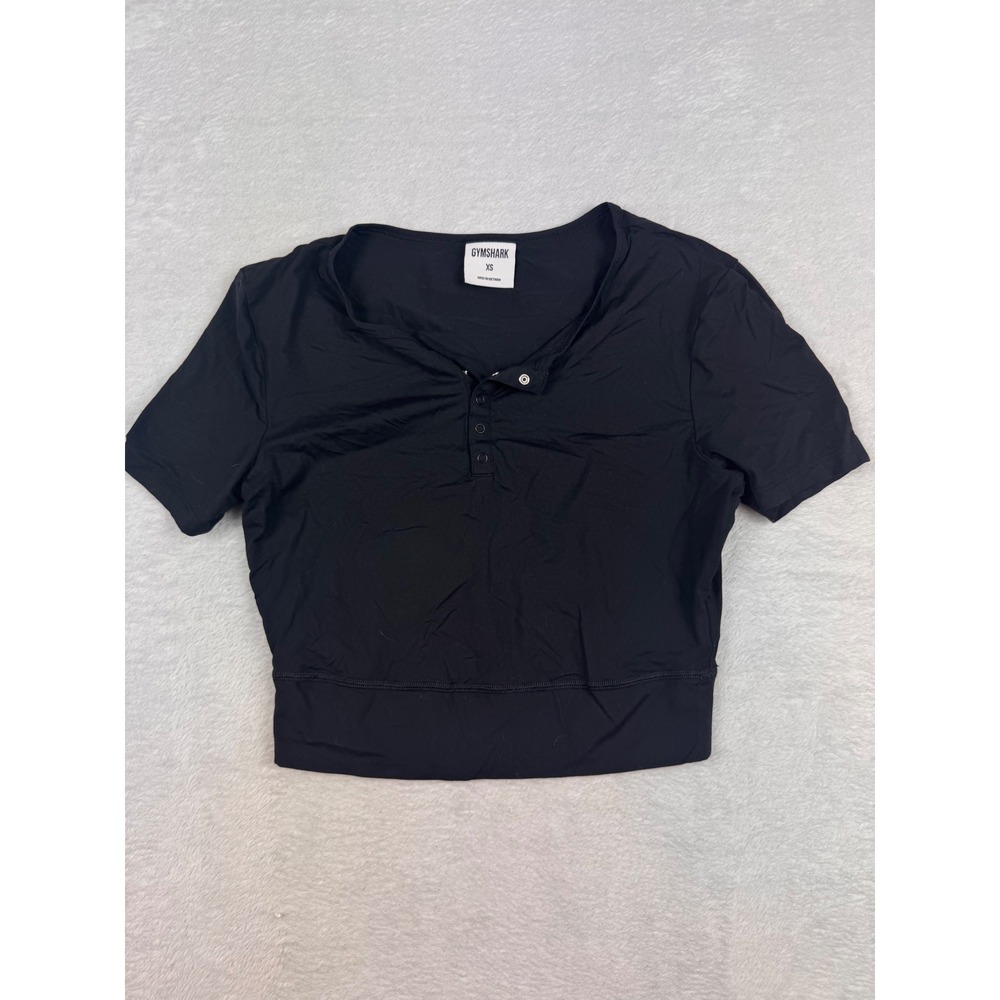 Gymshark Womens XS Black Henley Snap Button Short Sleeve Athletic Crop Top